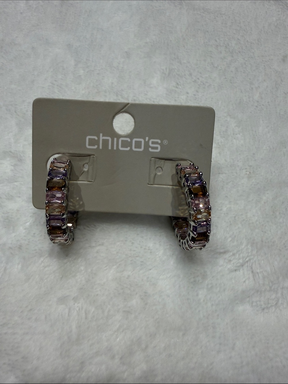 Silver-Tone Hoop Earrings with Purple, Pink and Amber Gems
